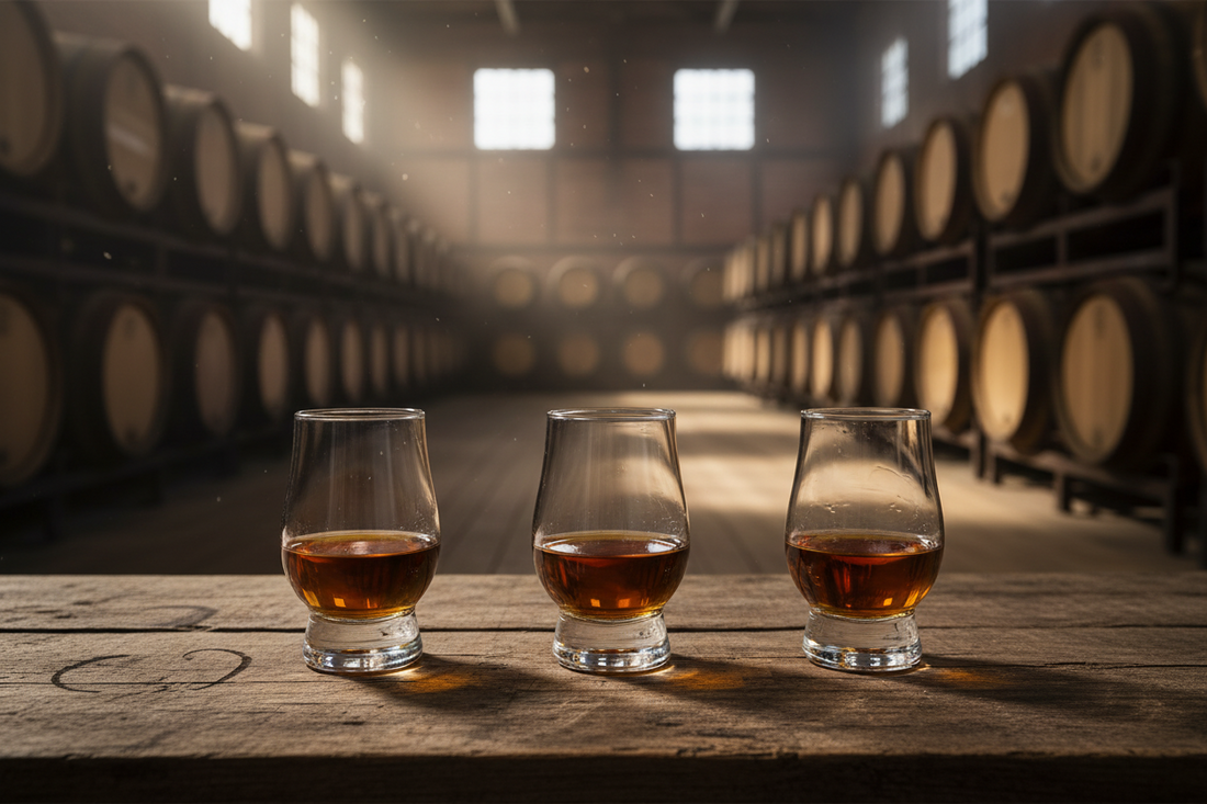 Three glasses of bourbon whiskey on wooden table in barrel warehouse, golden amber liquor tasting scene