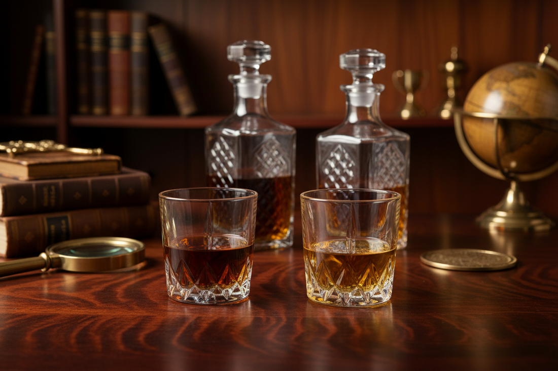 Two crystal glasses of bourbon and whiskey with decanters on a wooden desk, books and globe in background