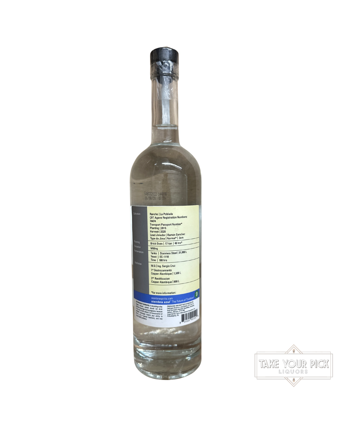 2020 siembra azul blanco 80 Proof 750ml
