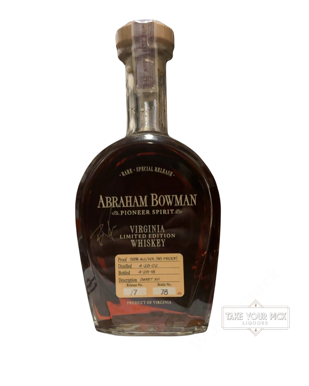 2018 Abraham Bowman Sweet XVI Whiskey 116 Proof