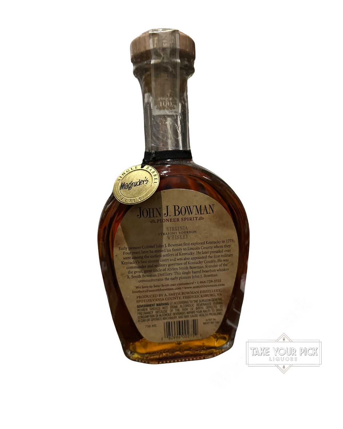 2021 A. Smith Bowman Distillery John J. Bowman Virginia Straight Bourbon Whiskey Single Barrel 100 Proof 750ml