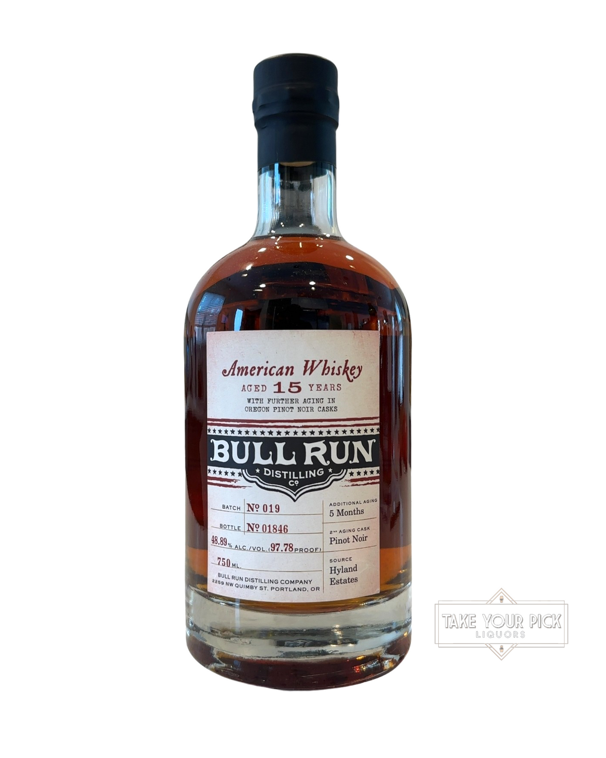 2022 Bull Run American Whiskey Aged 15 Years Pinot Noir Cask 97.78 Proof 750ml