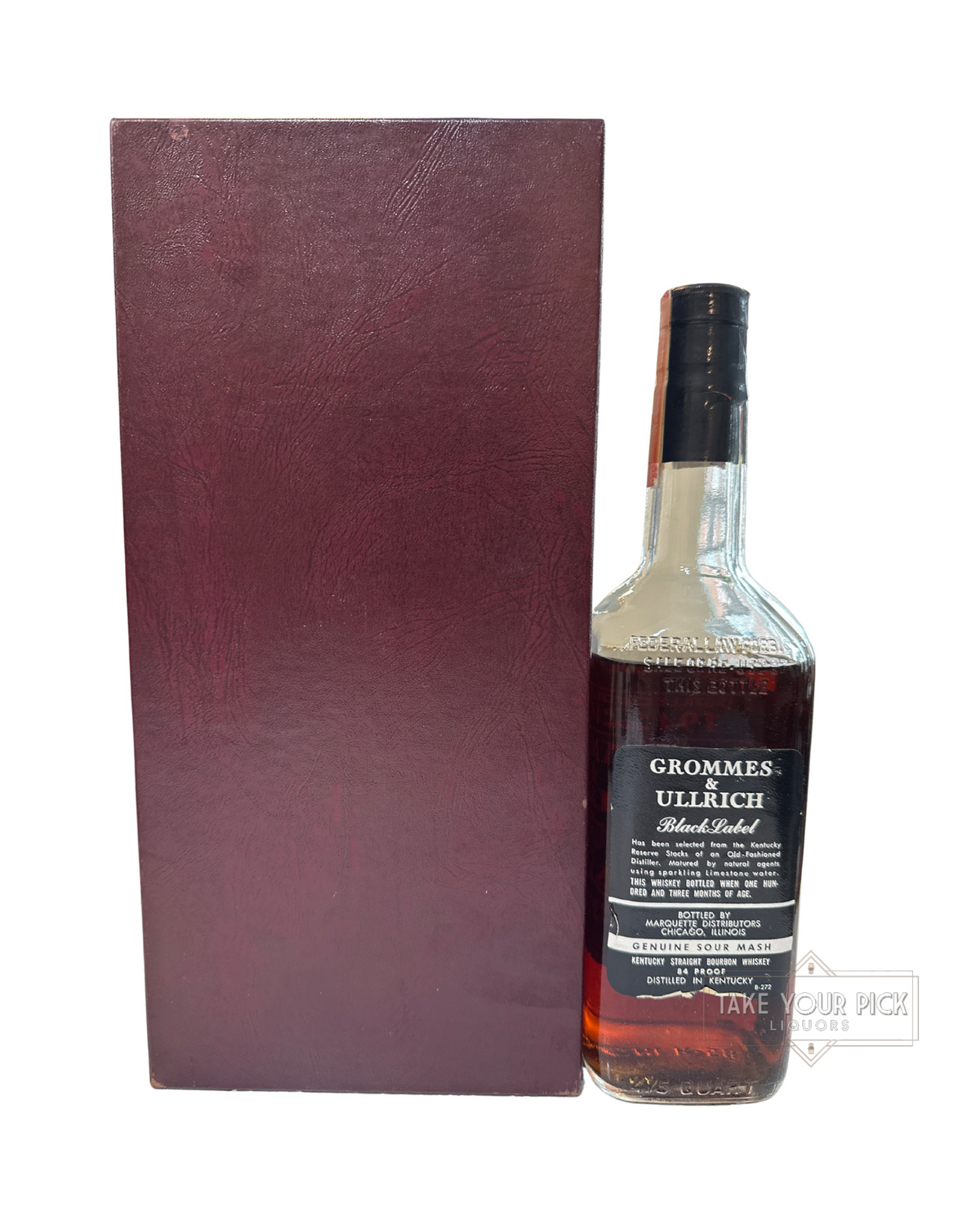 1967 Grommes & Ullrich Pre-War Black Label Kentucky Straight Bourbon Whiskey 84 Proof 4/5 Quart 84 Proof 757ml