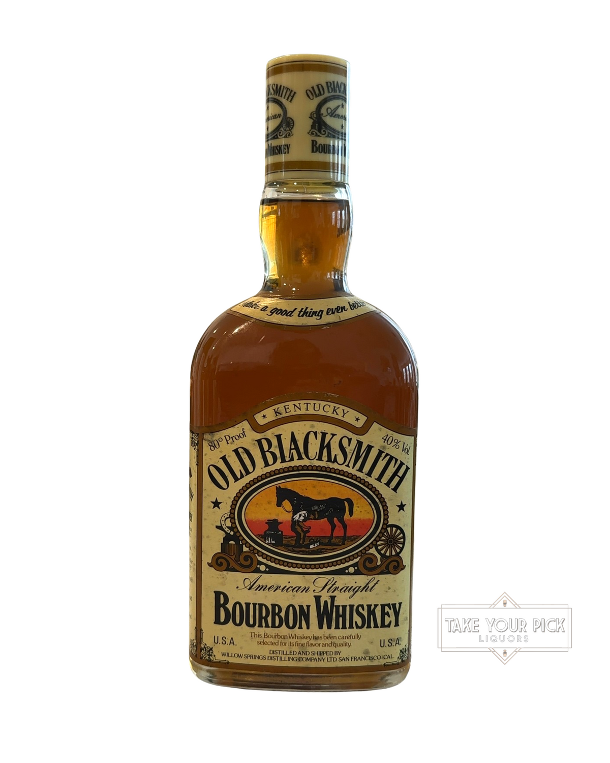 80’s 1980’s Old Blacksmith Willow Springs Distilling American Straight Bourbon Whiskey 80 Proof 80 Proof 700ml