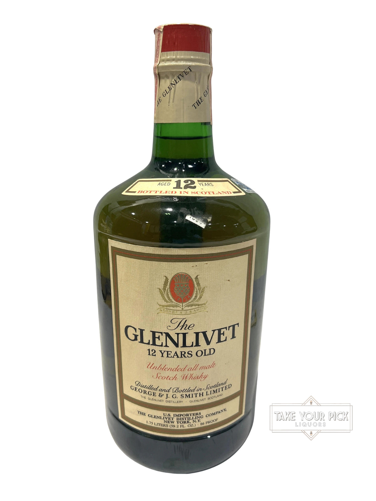 1970s Glenlivet 12 Year Old Unblended All Malt 86 Proof 1.75 Liter