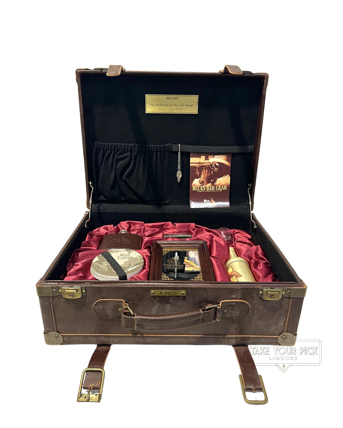 Wild Turkey Blues Bar Set Suitcase with coasters, shot glass, mirror, harmonica, flask, and cigarette holder (no alcohol included)
