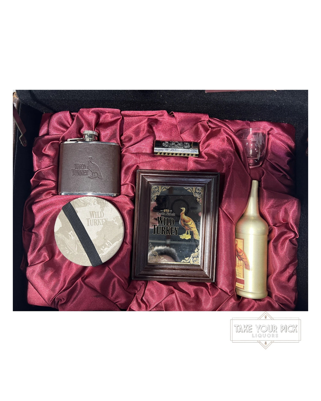 Wild Turkey Blues Bar Set Suitcase with coasters, shot glass, mirror, harmonica, flask, and cigarette holder (no alcohol included)