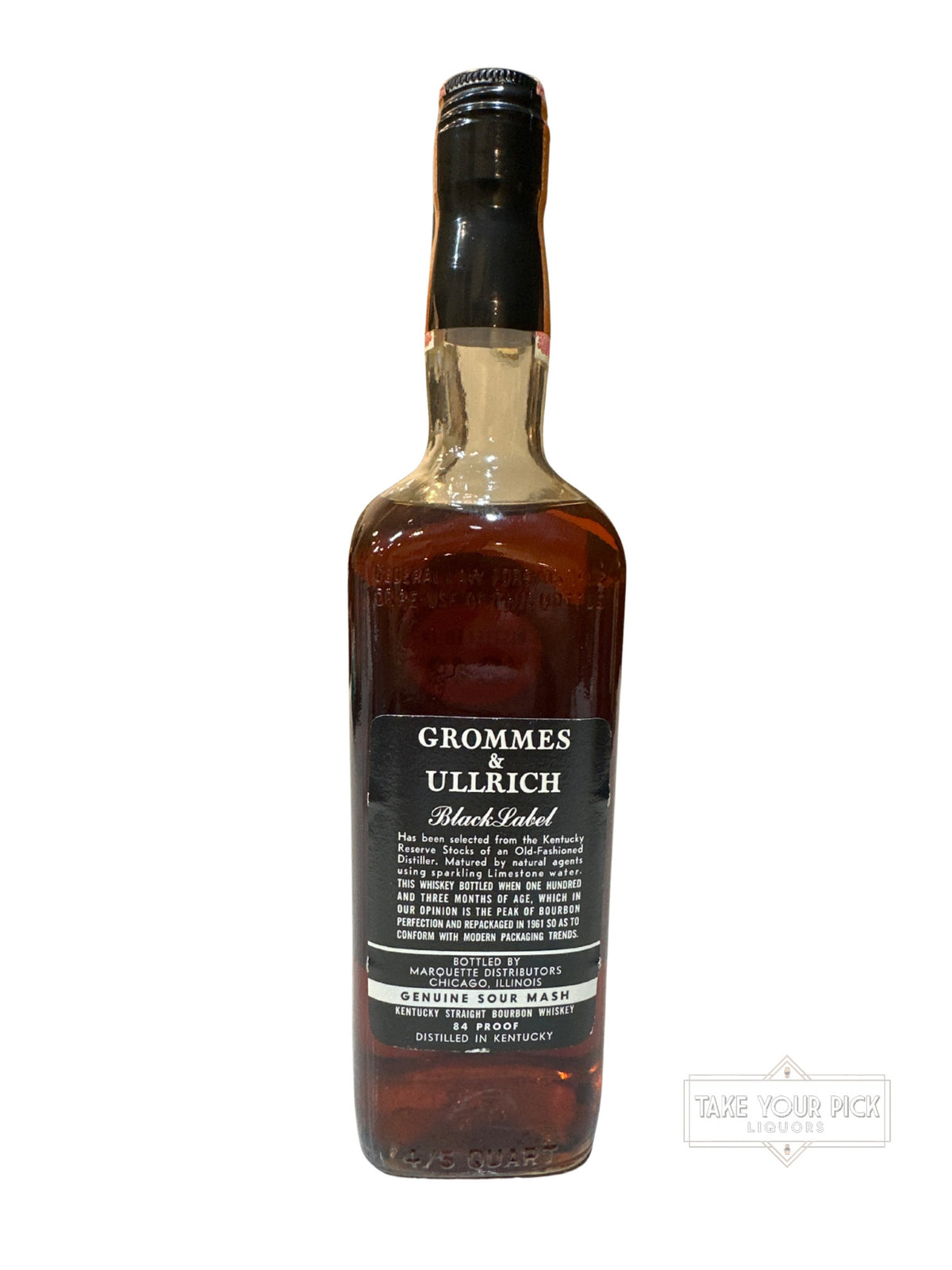 1961 Grommes & Ullrich Pre-War Distilled in 1942 Black Label Kentucky Straight Bourbon Whiskey 84 Proof 750ml