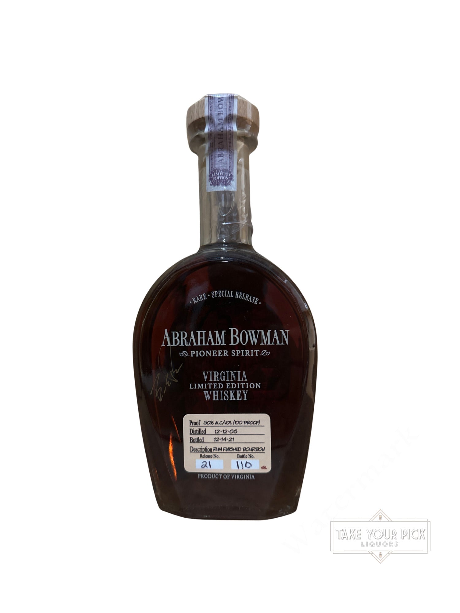 2021 Abraham Bowman Rum Finished Bourbon 100 Proof Bottle #110