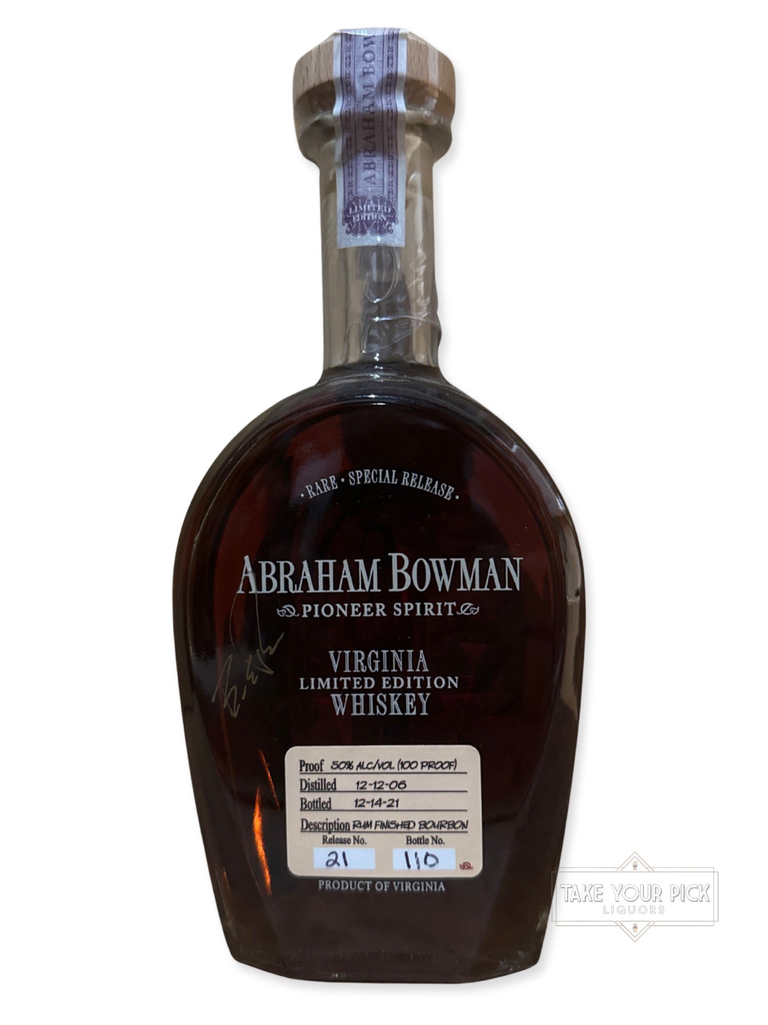 2021 Abraham Bowman Rum Finished Bourbon 100 Proof Bottle #110