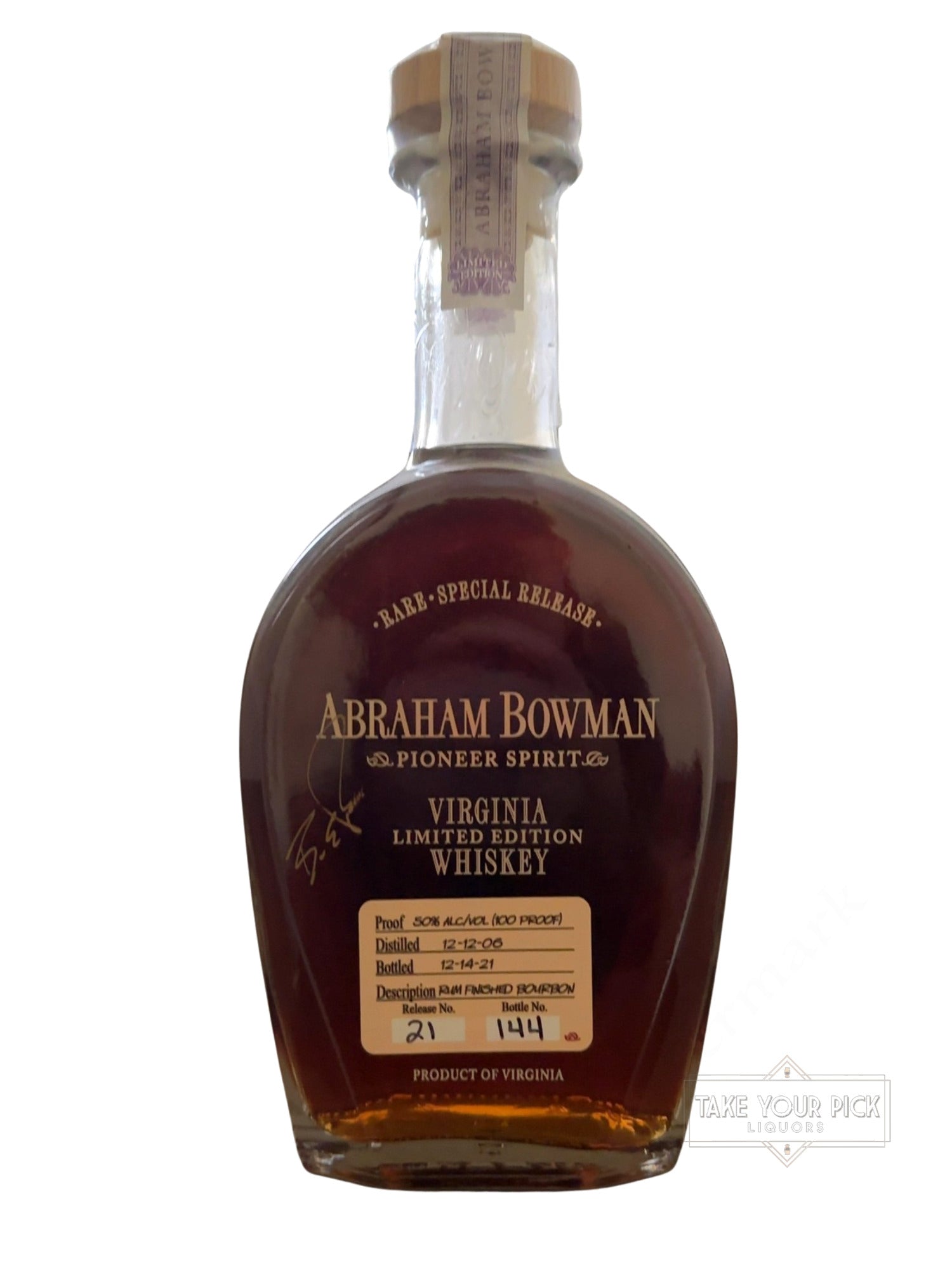 2021 Abraham Bowman Rum Finished Whiskey 100 Proof Bottle #144