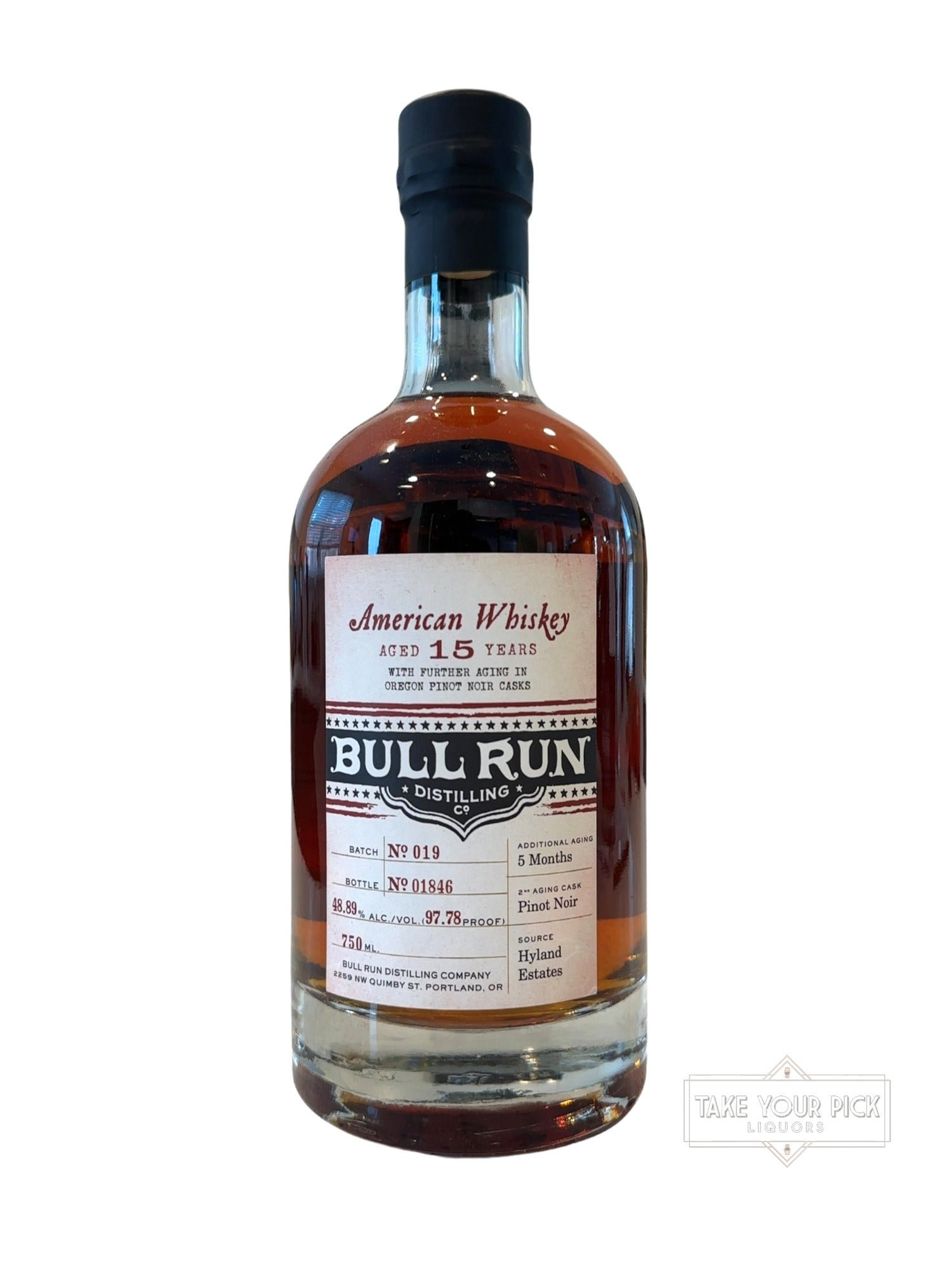 2022 Bull Run American Whiskey Aged 15 Years Pinot Noir Cask 97.78 Proof 750ml