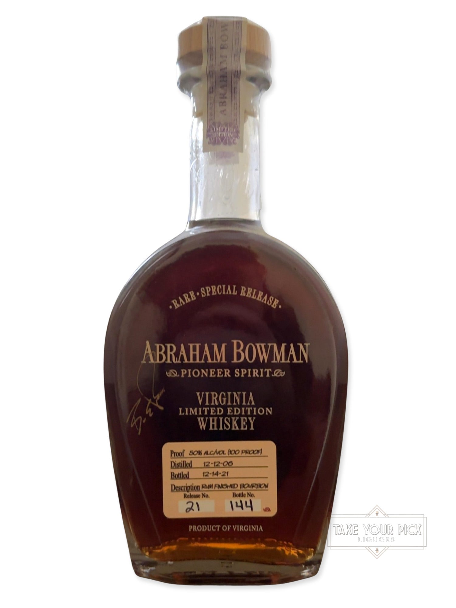 2021 Abraham Bowman Rum Finished Whiskey 100 Proof Bottle #144