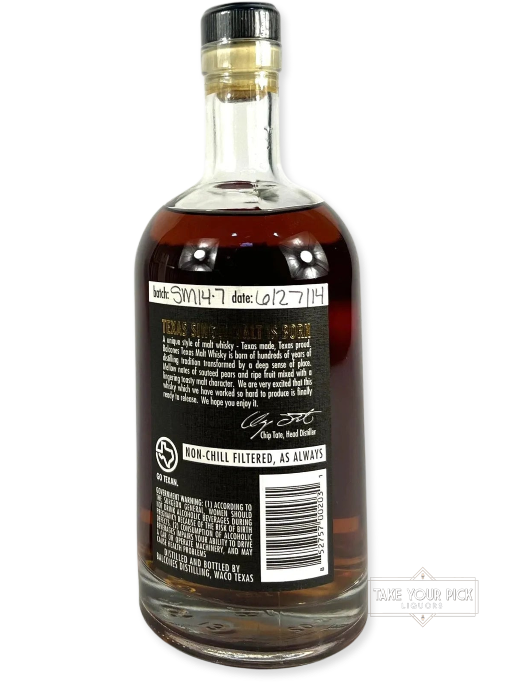 Balcones 1 Texas Single Malt 2013 - 106 Proof - Bottle Back