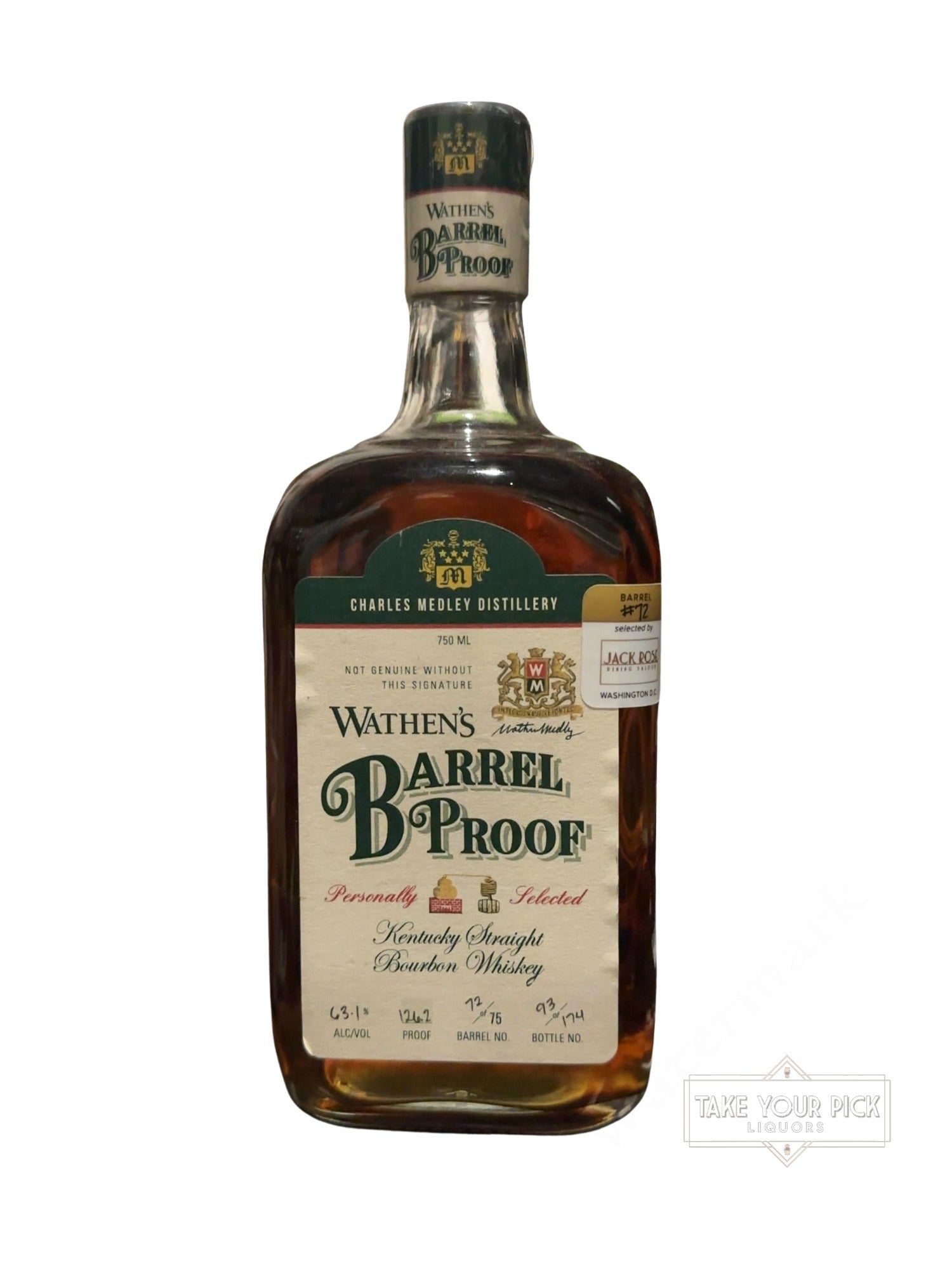 Charles Medley Distillery Jack Rose Dining Saloon Wathen's Barrel Proof Kentucky Straight Bourbon Whiskey 126.2 Proof 750ml