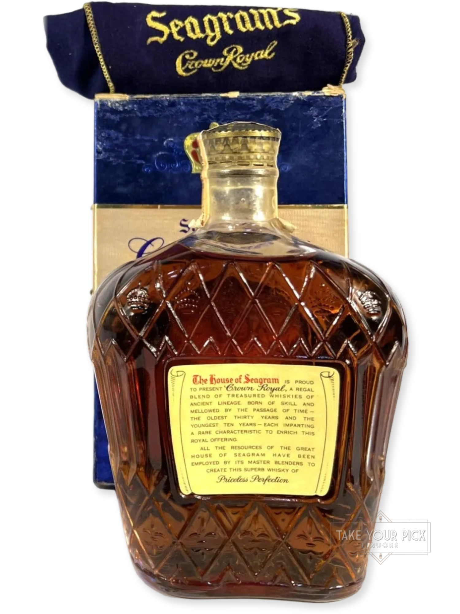 Crown Royal 1958 with bag and box - 80 Proof - Bottle Back