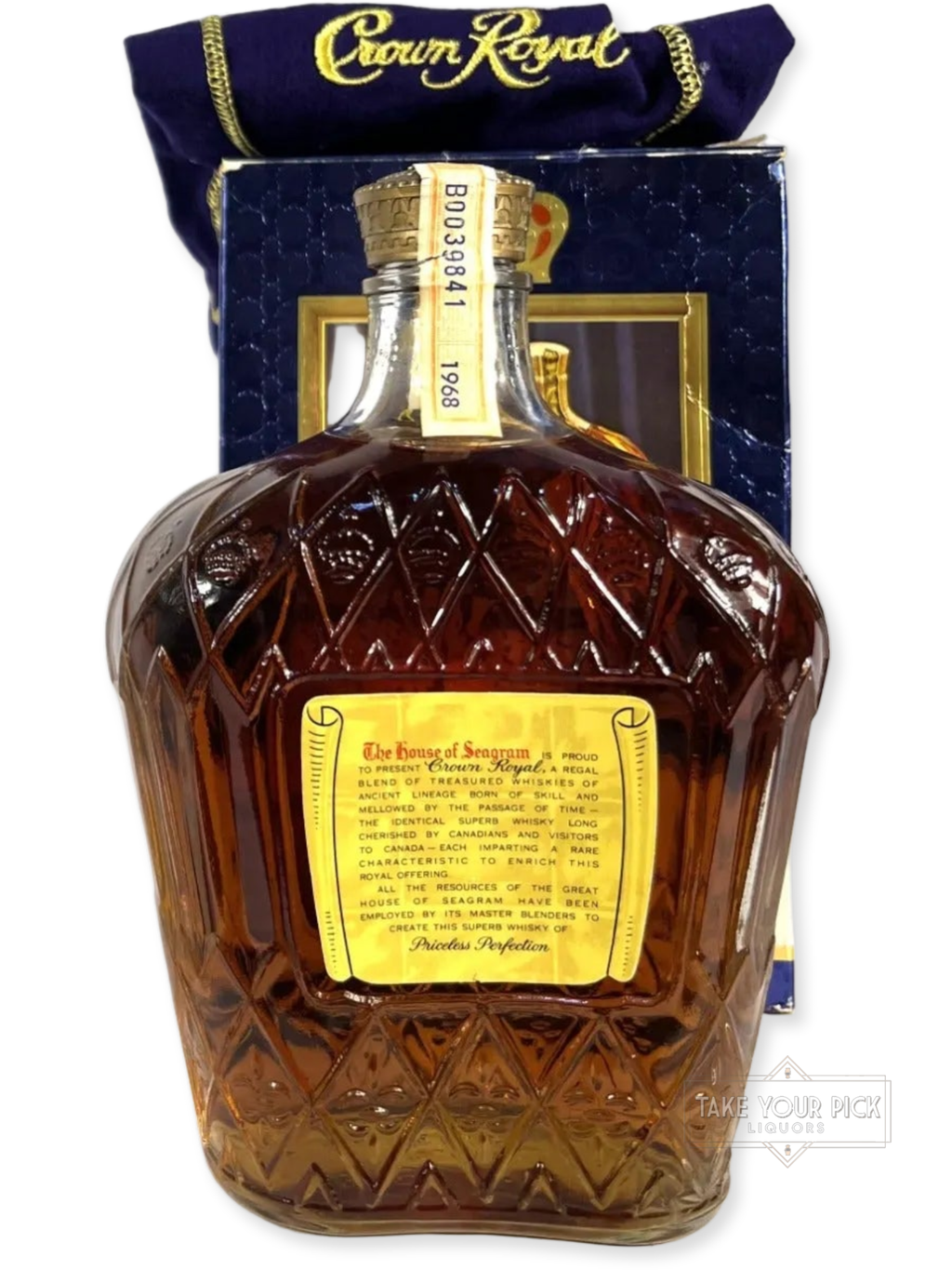 Crown Royal 1968 with bag and box - 80 Proof - Bottle Back