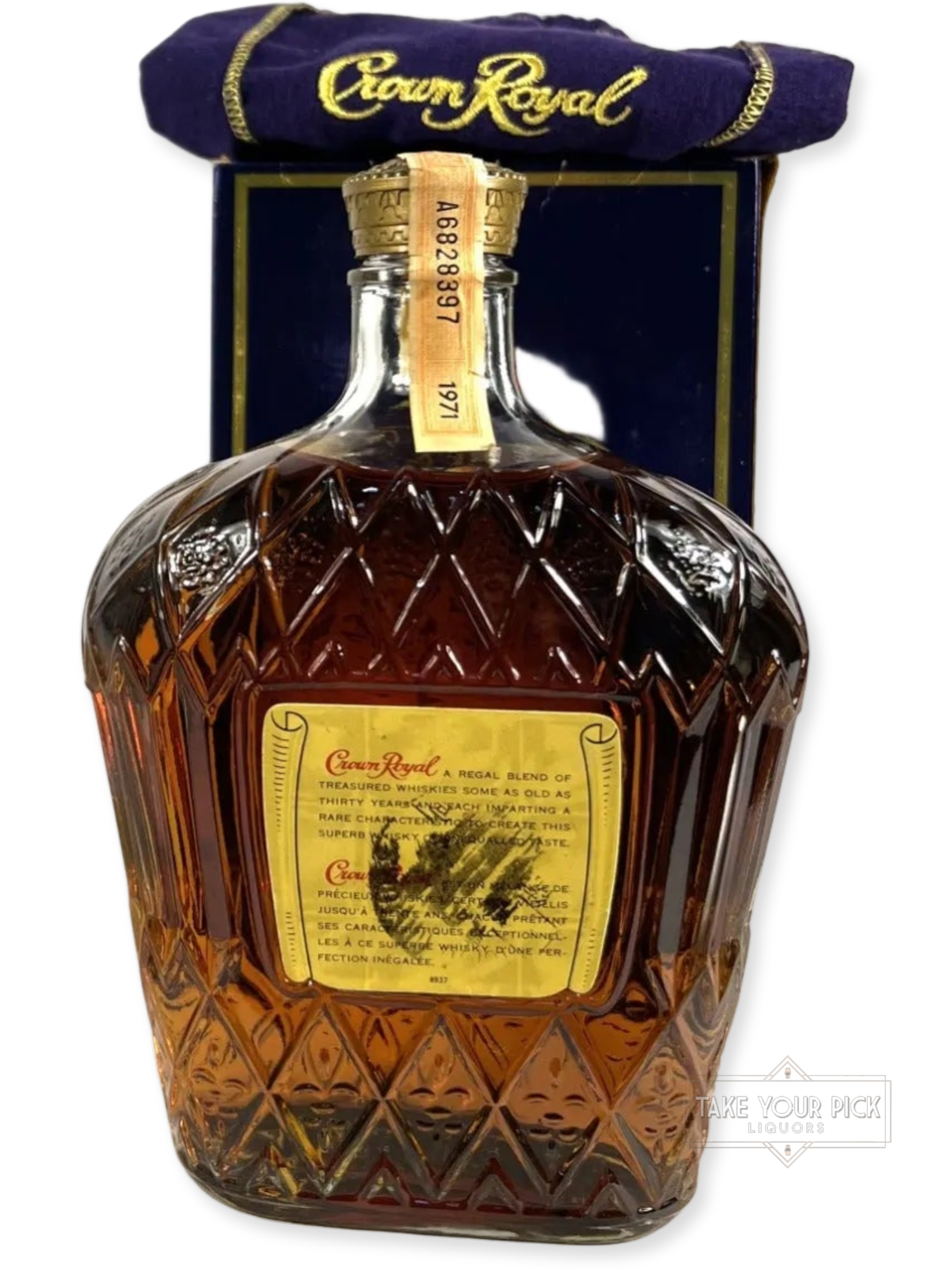 Crown Royal 1971 710ml with bag and box - 80 Proof - Bottle Back