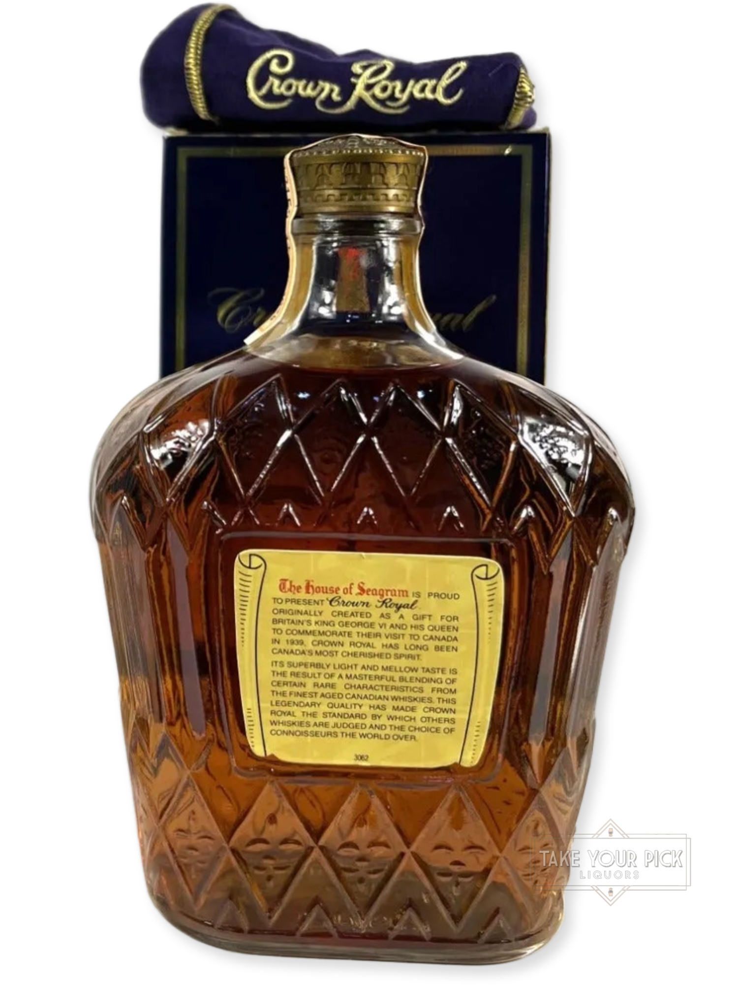 Crown Royal 1978 with bag and box - 80 Proof - Bottle Back