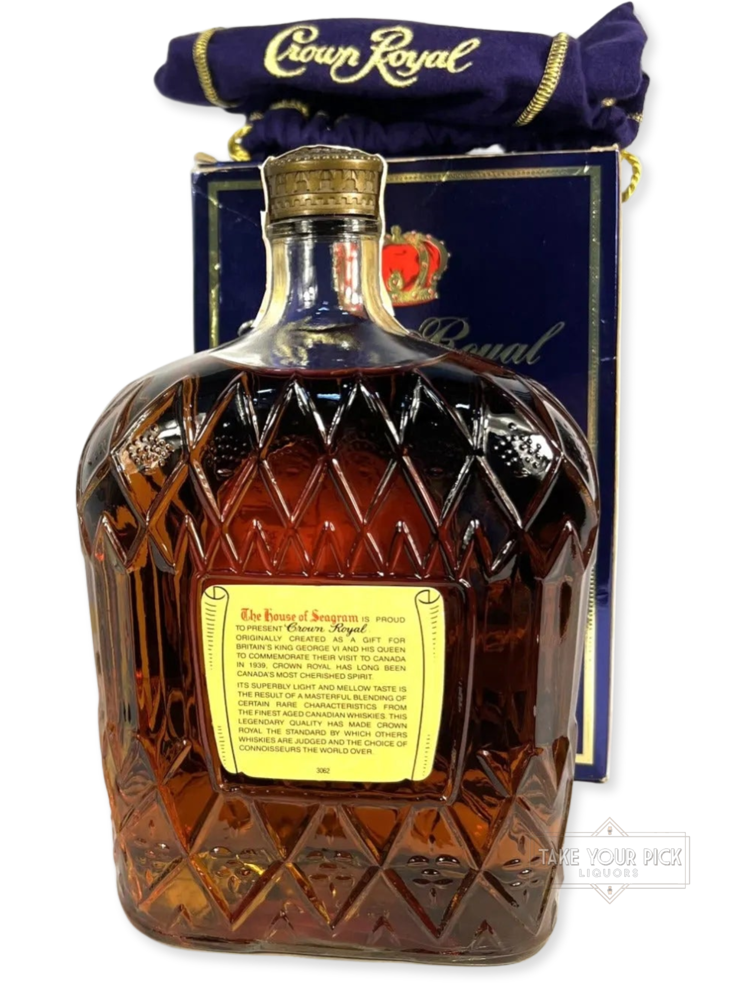 Crown Royal 1979 1.14 Liter with bag and box - 80 Proof - Bottle Back