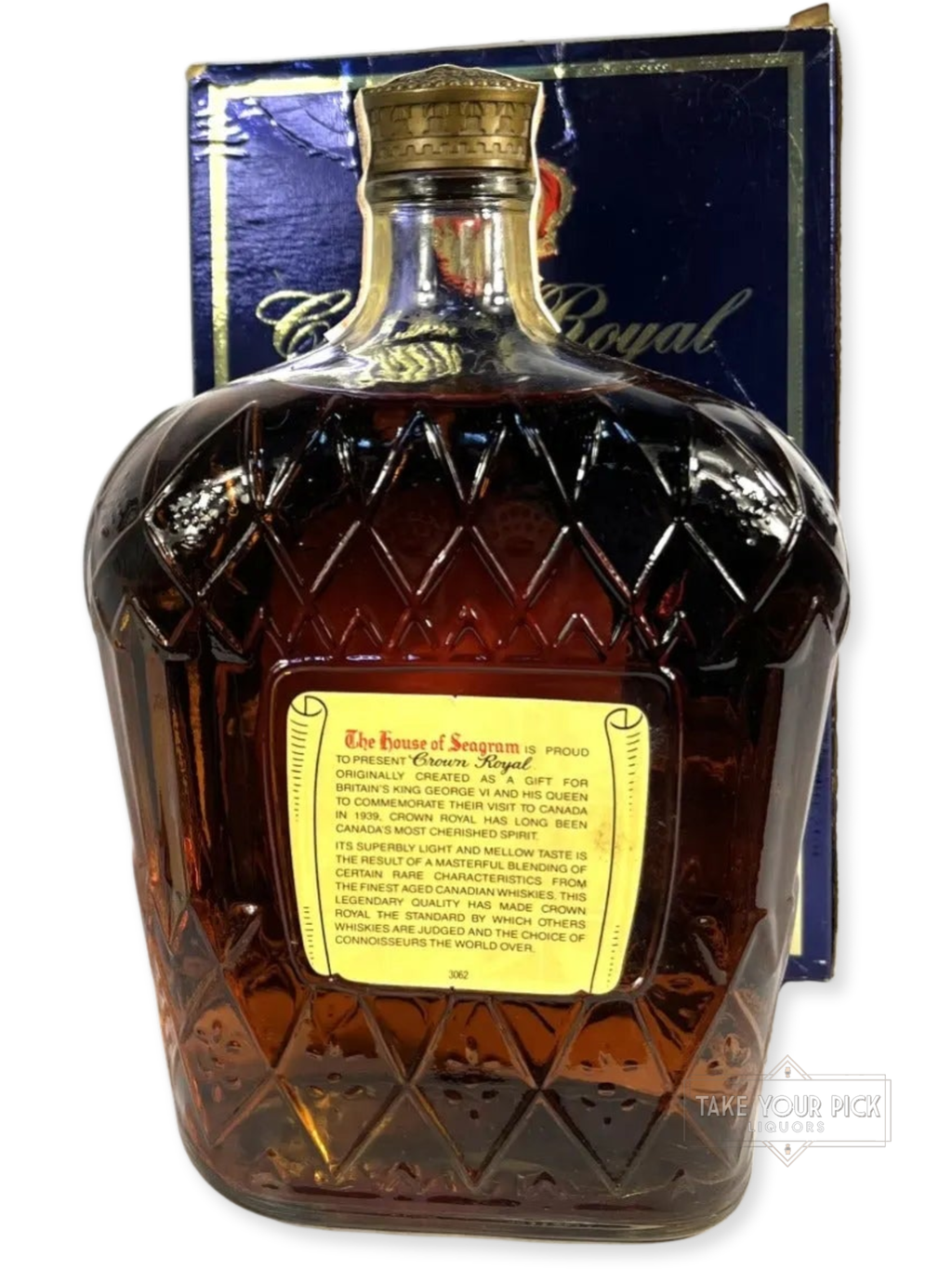 Crown Royal 1979 Liter with bag and box - 80 Proof - Bottle Back