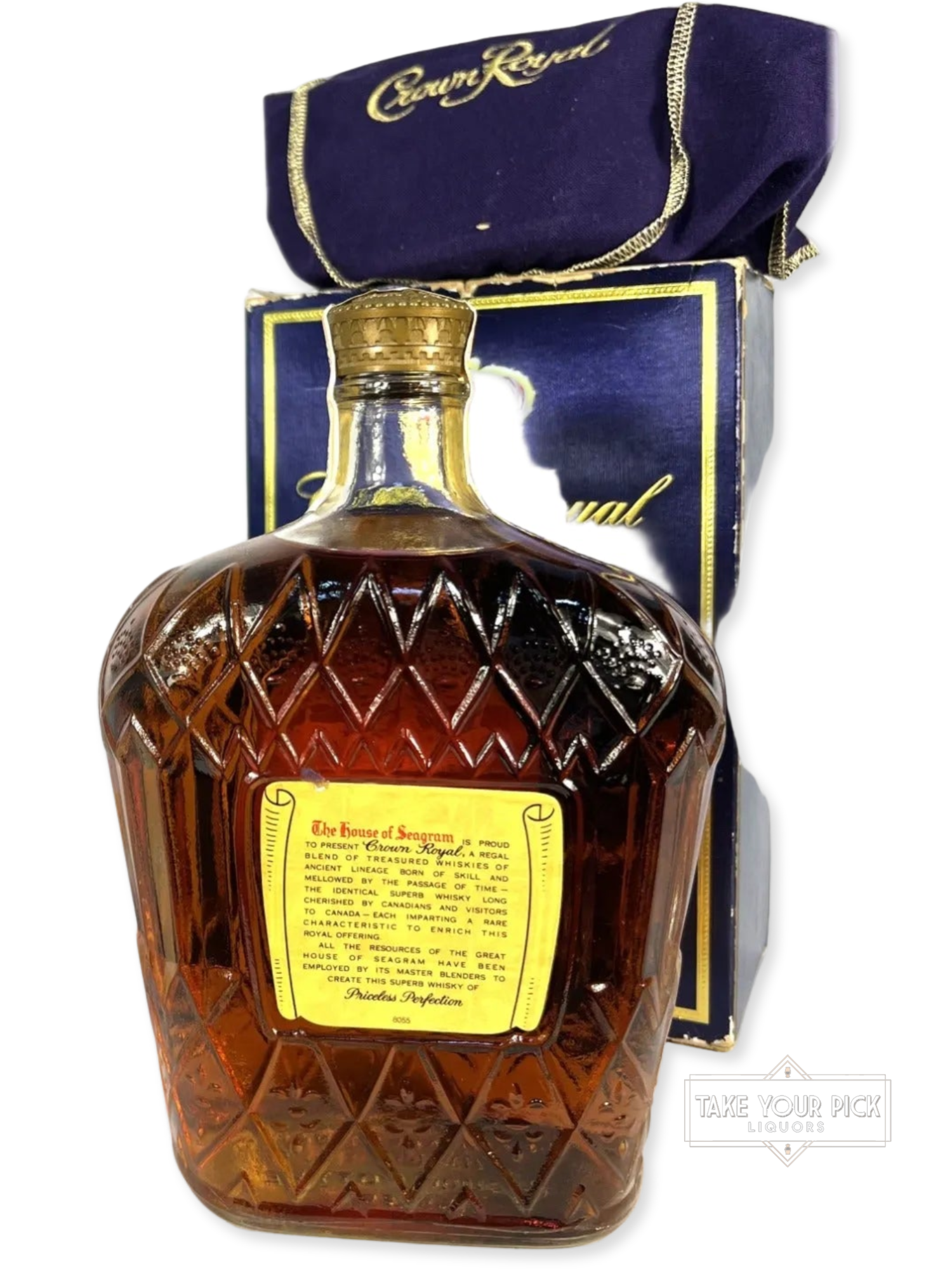 Crown Royal Fine De Luxe Blended Canadian Whisky 1975 - 80 Proof - Bottle Back
