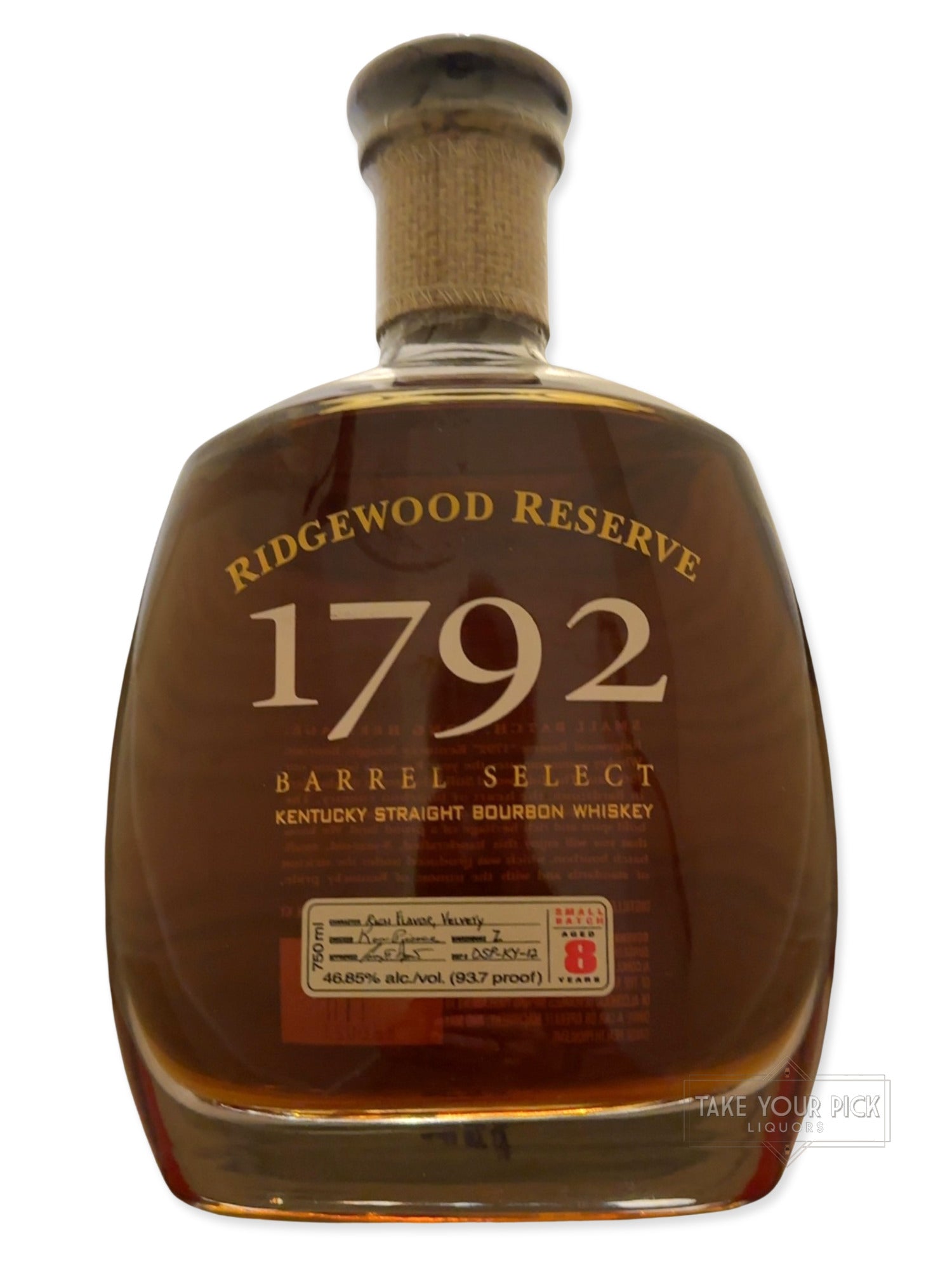 Ridgewood Reserve 1792 Barrel Select Kentucky Straight Bourbon Whiskey 93.7 Proof