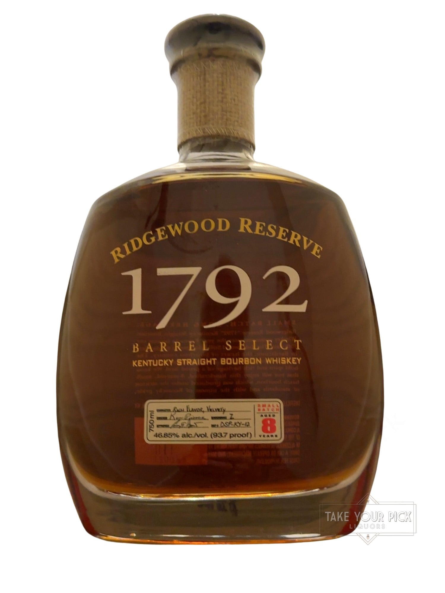 Ridgewood Reserve 1792 Barrel Select Kentucky Straight Bourbon Whiskey 93.7 Proof