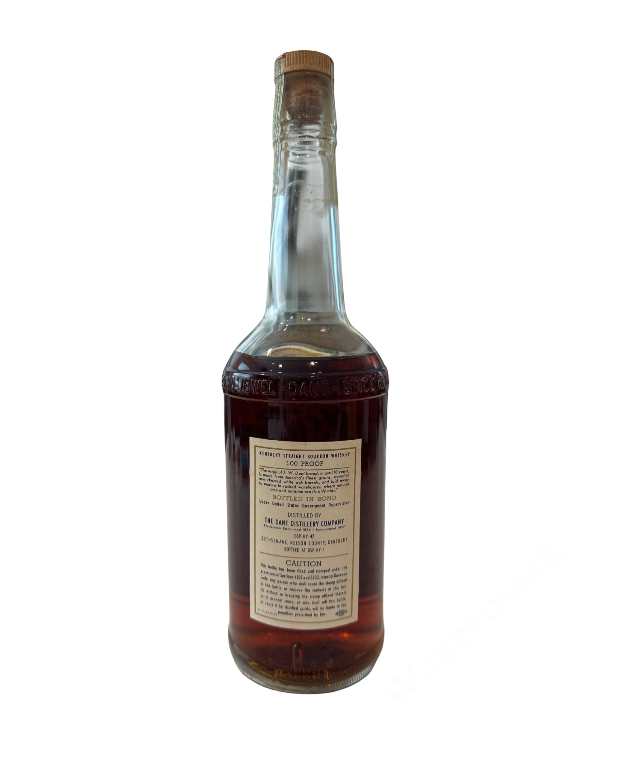 1965 J.W. Dant Gethsemane Distillery Kentucky Straight Bourbon Whiskey 100 Proof 4/5th Quart