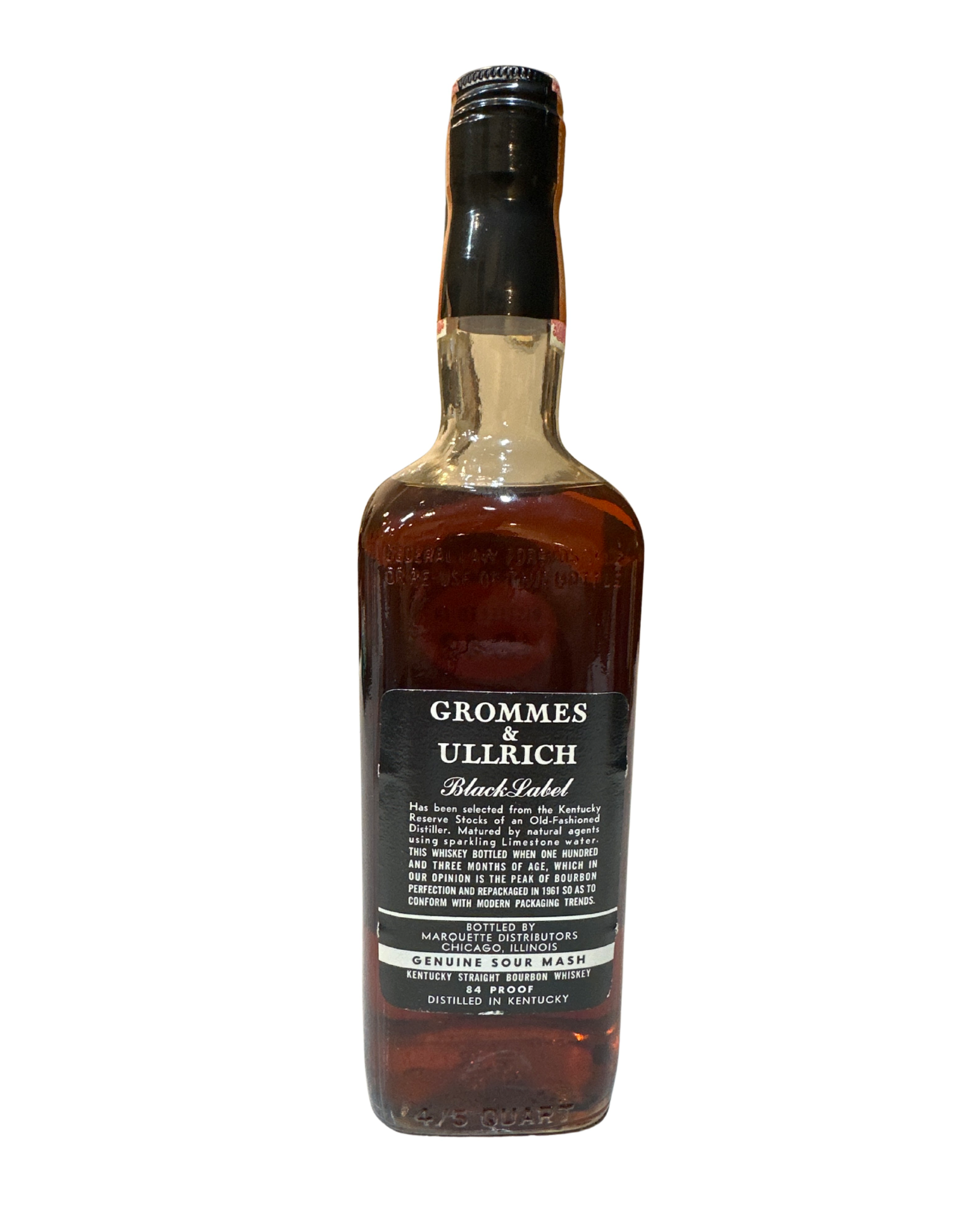 1961 Grommes & Ullrich Pre-War Distilled in 1942 Black Label Kentucky Straight Bourbon Whiskey 84 Proof 750ml