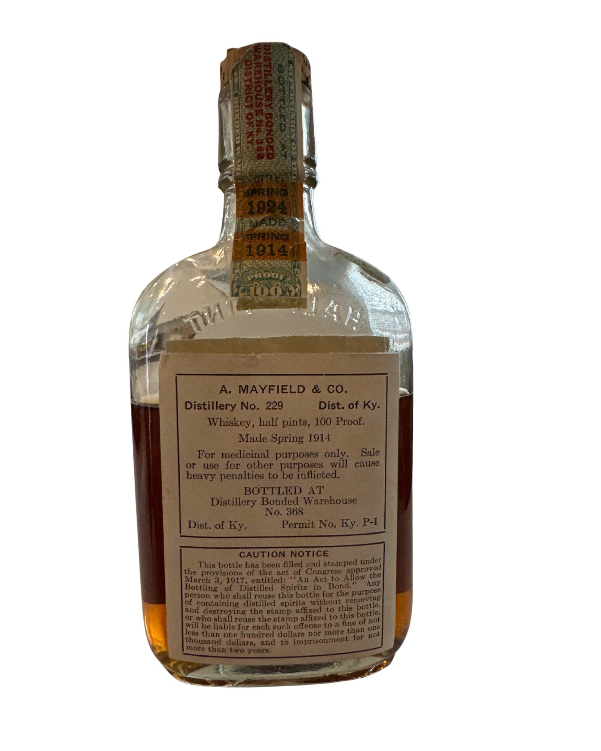 1924 A. Mayfield & Co. Henry Watterson Whiskey 100 Proof 1/2 Pint