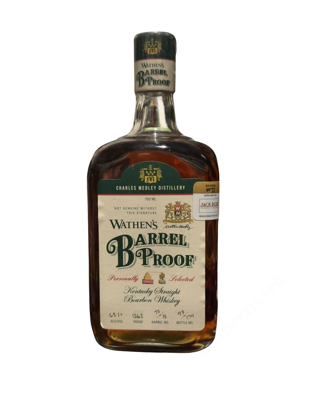 Charles Medley Distillery Jack Rose Dining Saloon Wathen's Barrel Proof Kentucky Straight Bourbon Whiskey 126.2 Proof 750ml