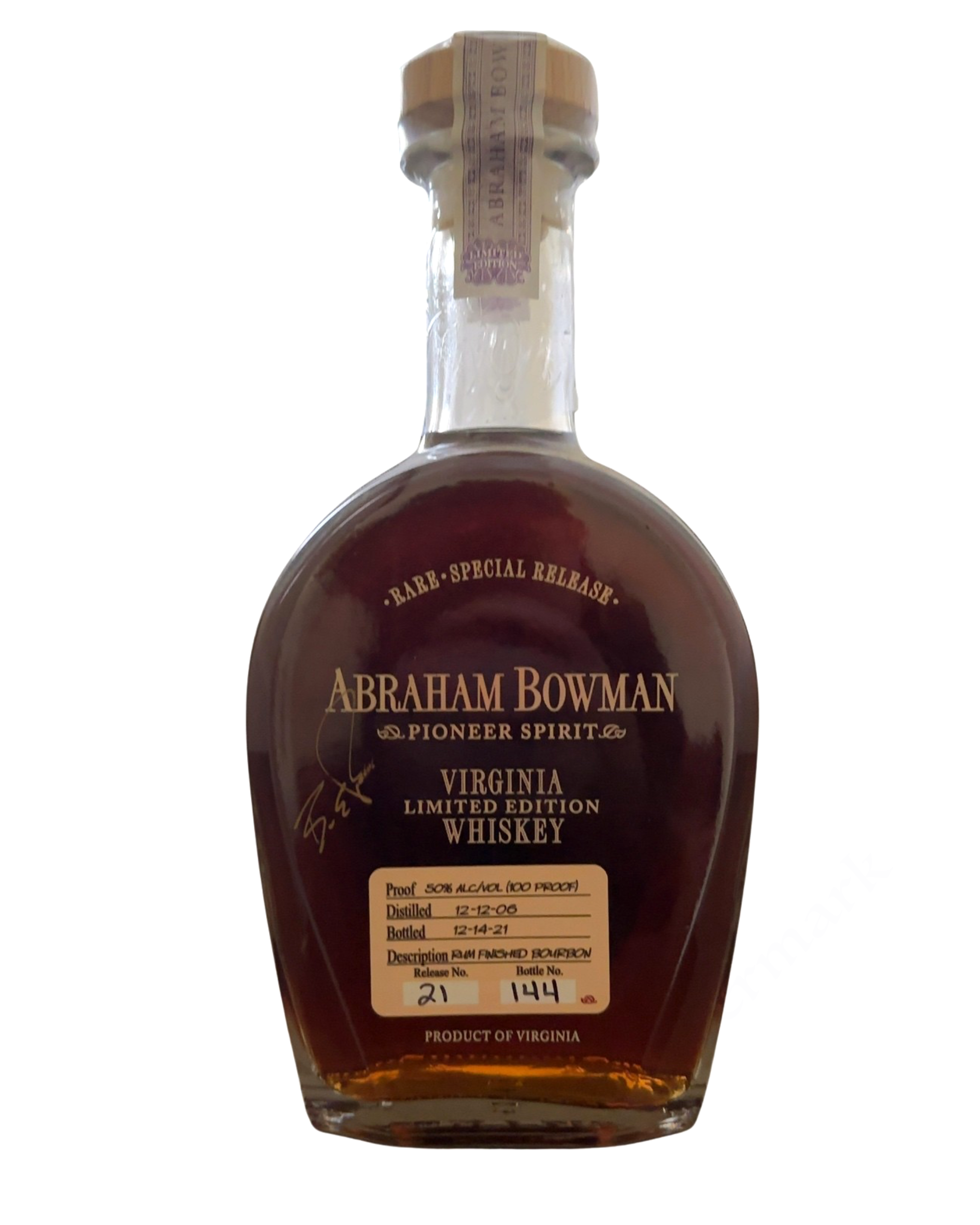 Abraham Bowman VIRGINIA LIMITED EDITION WHISKEY 100 Proof